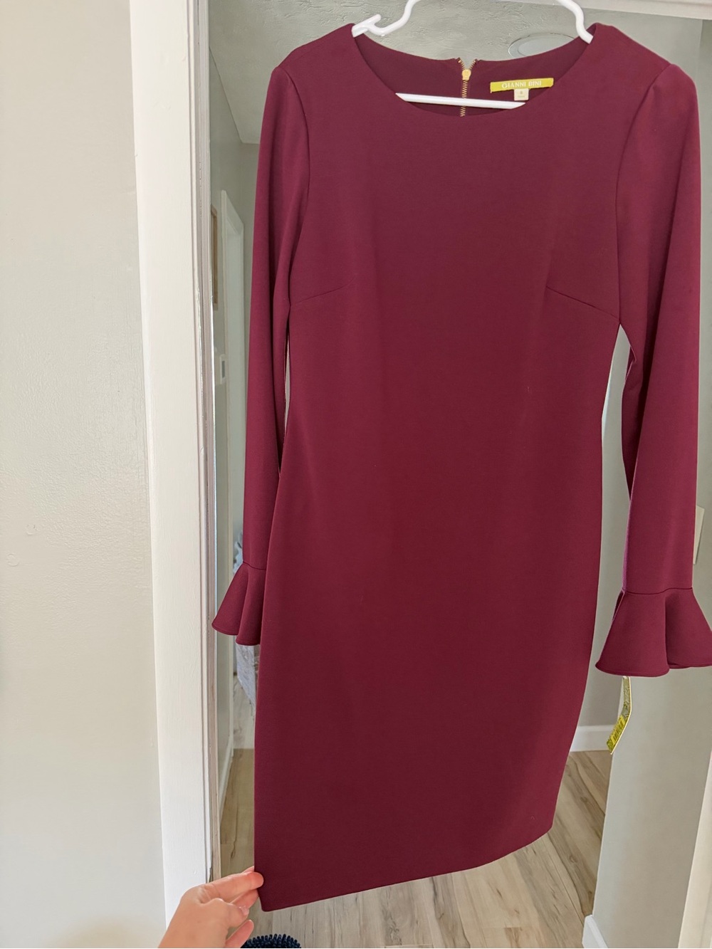 Gianni Bini Burgundy Long-Sleeve Sheath Dress with Fluted Cuffs